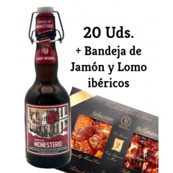 Monesterio LAGER ORIGINAL 0.33L 20 Uds. + BANDEJA DE JAMÓN Y LOMO IBÉRICO 100 Grs. - Cerveza De Monesterio