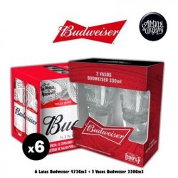 2 Vaso 330Cm3 Budweiser + 6 Latas Budweiser 473Cm3 - Almacén de Cervezas