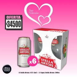 SAN VALENTIN - 2 Cáliz Stella Artois + 6 Stella Artois  473Cm3 - Almacén de Cervezas