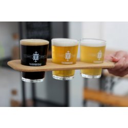 Thornbridge Wooden Beer Flight Paddle and 3 x 13rd of a pint glasses - Thornbridge Brewery