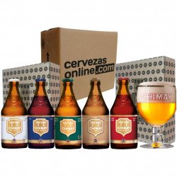 Pack combo degustación regalo estuche cervezas trapenses Belgas Chimay 5 botellas 33cl + 1 vaso - Cervezasonline.com